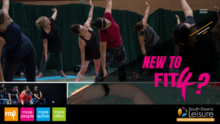 A graphic showing a yoga class with text on top reading ' New to FIT4?'