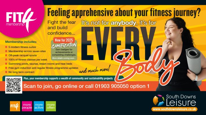 Picture of woman in black smiling, with graphic text detailing our FIT4 campaign 'Fitness for Every Body'